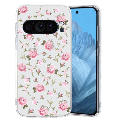 For Google Pixel 9 Colored Drawing Pattern Transparent TPU Phone Case(Pink Floral) - Google Cases by buy2fix | Online Shopping UK | buy2fix