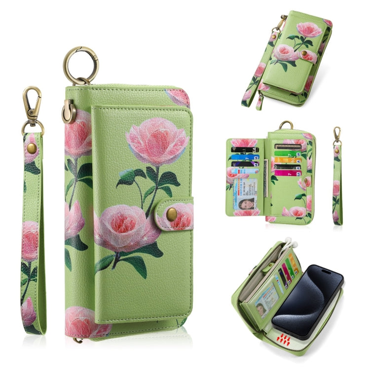 For iPhone 15 Plus POLA MagSafe Flower Multi-functional Zipper Wallet Leather Phone Case(Green) - iPhone 15 Plus Cases by buy2fix | Online Shopping UK | buy2fix