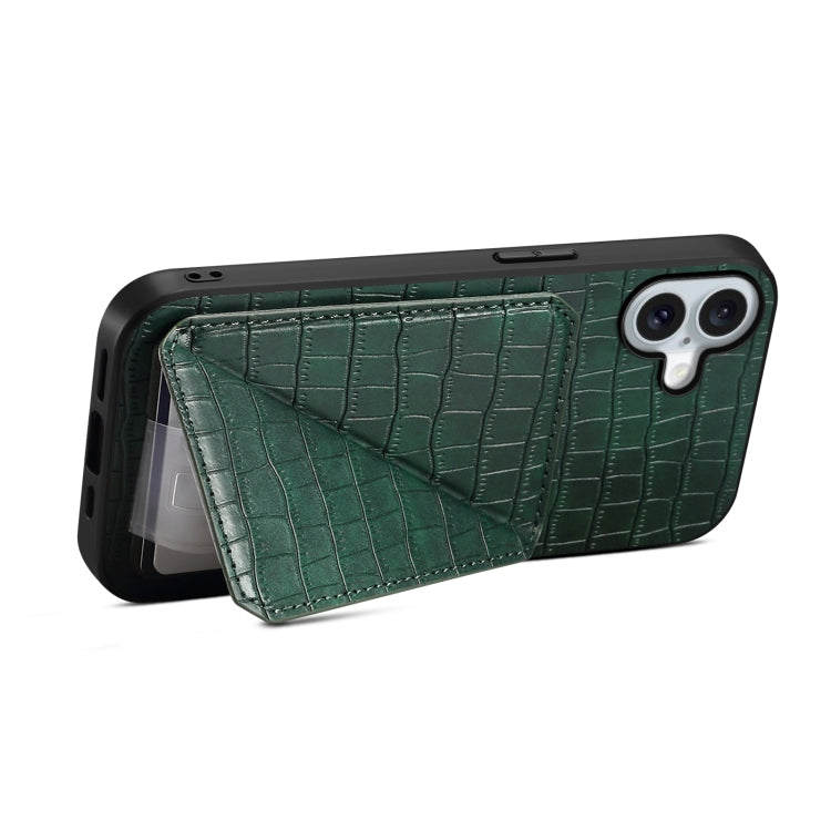 For iPhone 16 Plus Imitation Crocodile Leather Back Phone Case with Holder(Green) - iPhone 16 Plus Cases by buy2fix | Online Shopping UK | buy2fix