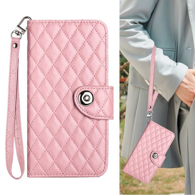 For Redmi K70 Ultra 5G Global Rhombic Texture Flip Leather Phone Case with Lanyard(Pink) - Xiaomi Cases by buy2fix | Online Shopping UK | buy2fix