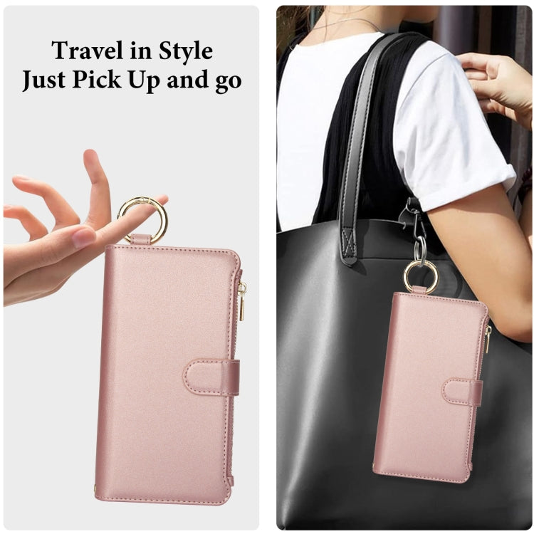 For iPhone 16 Pro Crossbody Ring Multifunctional Wallet Leather Phone Case(Rose Gold) - More iPhone Cases by buy2fix | Online Shopping UK | buy2fix