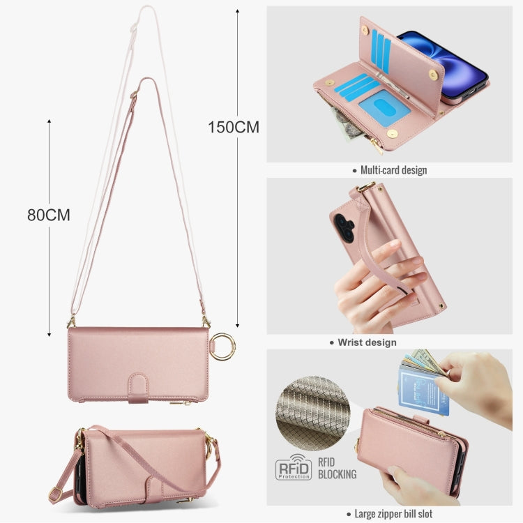 For iPhone 16 Crossbody Ring Multifunctional Wallet Leather Phone Case(Rose Gold) - iPhone 16 Cases by buy2fix | Online Shopping UK | buy2fix