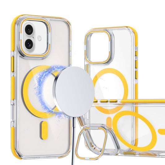 For iPhone 16 Dual-Color Clear Acrylic Hybrid TPU Lens Flip Holder MagSafe Phone Case(Yellow) - iPhone 16 Cases by buy2fix | Online Shopping UK | buy2fix