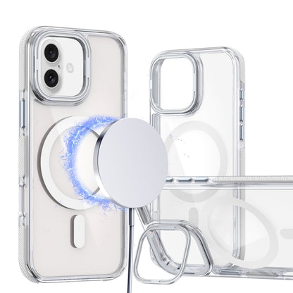 For iPhone 16 Plus Dual-Color Clear Acrylic Hybrid TPU Lens Flip Holder MagSafe Phone Case(White) - iPhone 16 Plus Cases by buy2fix | Online Shopping UK | buy2fix