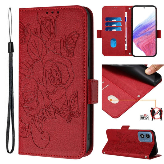 For Motorola Moto G Play 4G 2024 Embossed Rose RFID Anti-theft Leather Phone Case(Red) - Motorola Cases by buy2fix | Online Shopping UK | buy2fix