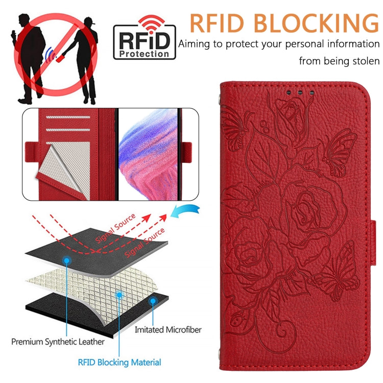 For Motorola Moto G Play 5G / G 5G 2024 Embossed Rose RFID Anti-theft Leather Phone Case(Red) - Motorola Cases by buy2fix | Online Shopping UK | buy2fix