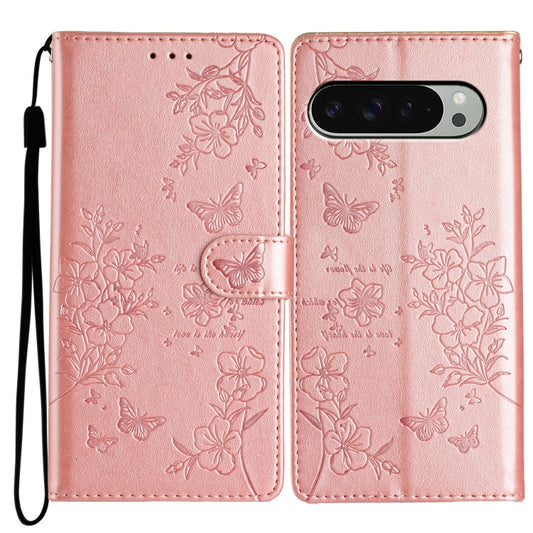 For Google Pixel 9 Pro XL Butterflies and Flowers Leather Phone Case(Rose Gold) - Google Cases by buy2fix | Online Shopping UK | buy2fix