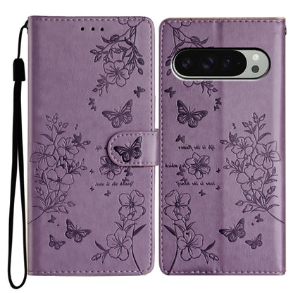 For Google Pixel 9 Pro XL Butterflies and Flowers Leather Phone Case(Purple) - Google Cases by buy2fix | Online Shopping UK | buy2fix