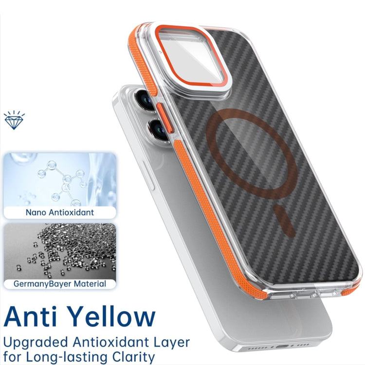 For iPhone 11 Magsafe Dual-Color Carbon Fiber Lens Film Phone Case with Lens Fold Holder(Orange) - iPhone 11 Cases by buy2fix | Online Shopping UK | buy2fix