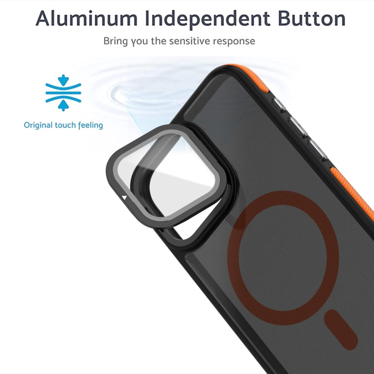 For iPhone 16 Plus Magsafe Dual-Color Skin Feel Lens Film Phone Case with Lens Fold Holder(Orange) - iPhone 16 Plus Cases by buy2fix | Online Shopping UK | buy2fix