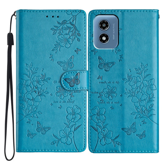 For Motorola Moto G Play 2024 Butterflies and Flowers Leather Phone Case(Blue) - Motorola Cases by buy2fix | Online Shopping UK | buy2fix