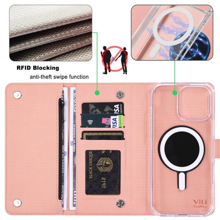 For iPhone 14 ViLi GHB-C Series RFID MagSafe Magnetic Flip Leather Phone Case(Pink) - iPhone 14 Cases by ViLi | Online Shopping UK | buy2fix