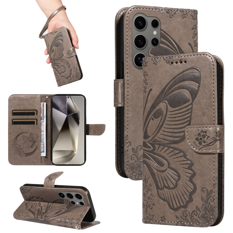 For Samsung Galaxy S25 Ultra 5G Swallowtail Butterfly Embossed Leather Phone Case(Grey) - Galaxy S25 Ultra 5G Cases by buy2fix | Online Shopping UK | buy2fix