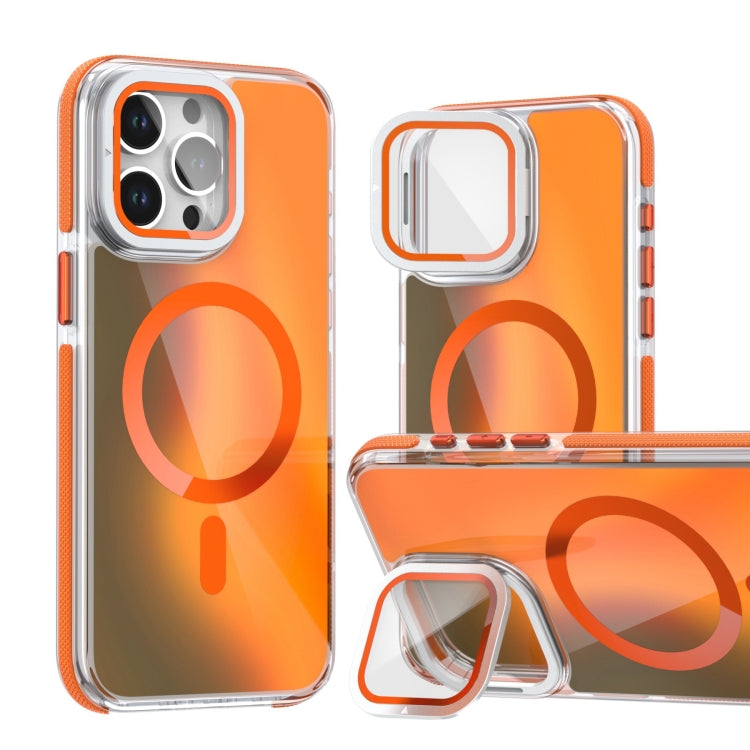 For iPhone 16 Pro Max MagSafe Gradient Color Lens Film Phone Case with Lens Fold Holder(Orange) - iPhone 16 Pro Max Cases by buy2fix | Online Shopping UK | buy2fix