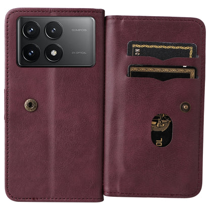 For Redmi K70 Multi-Function Wallet 10 Card Slots Leather Phone Case(Claret) - K70 Cases by buy2fix | Online Shopping UK | buy2fix