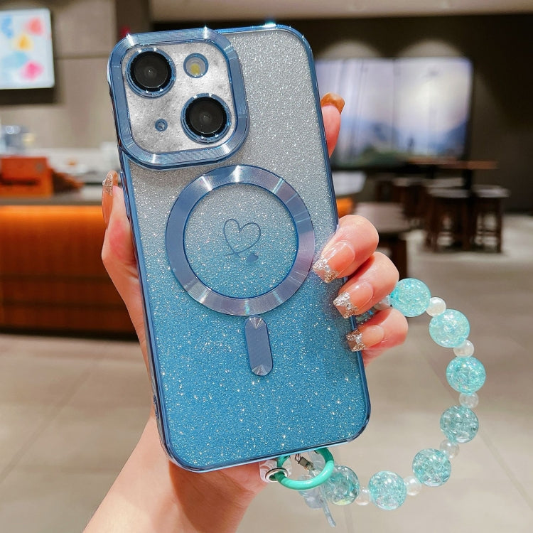 For iPhone 15 Loves Gradient Glitter Bracelets Carbon Fiber Magsafe TPU Phone Case(Blue) - iPhone 15 Cases by buy2fix | Online Shopping UK | buy2fix