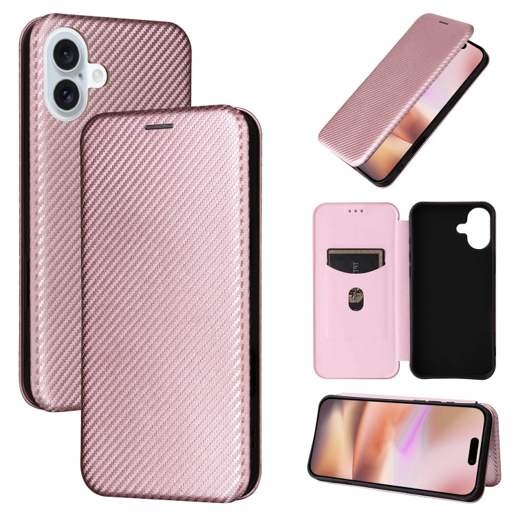 For iPhone 16 Plus Carbon Fiber Texture Flip Leather Phone Case(Pink) - iPhone 16 Plus Cases by buy2fix | Online Shopping UK | buy2fix