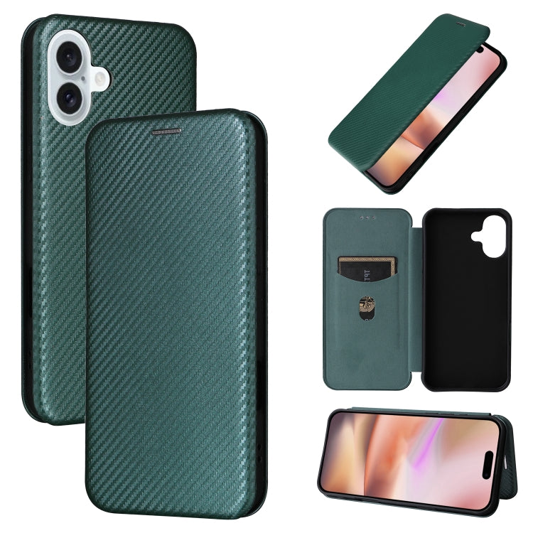 For iPhone 16 Plus Carbon Fiber Texture Flip Leather Phone Case(Green) - iPhone 16 Plus Cases by buy2fix | Online Shopping UK | buy2fix