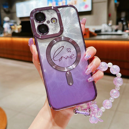 For iPhone 16 Plus Dual-Love Feather  Gradient Glitter Bracelets Magsafe TPU Phone Case(Purple) - iPhone 16 Plus Cases by buy2fix | Online Shopping UK | buy2fix