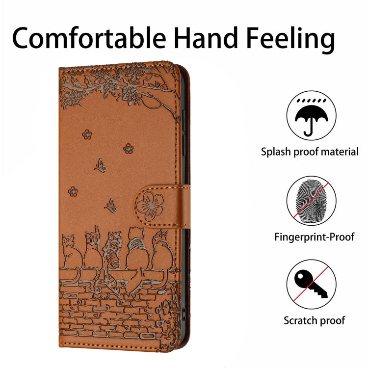 For Samsung Galaxy S25 5G Cat Embossing Pattern Leather Phone Case with Lanyard(Brown) - Galaxy S25 5G Cases by buy2fix | Online Shopping UK | buy2fix