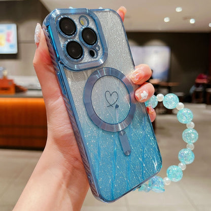 For iPhone 11 Pro Loves Leaves Gradient Glitter Bracelets Carbon Fiber Magsafe TPU Phone Case(Blue) - iPhone 11 Pro Cases by buy2fix | Online Shopping UK | buy2fix