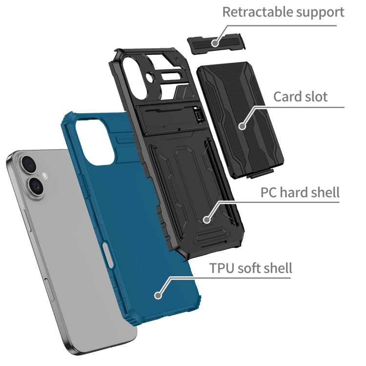 For iPhone 16 Kickstand Armor Card Wallet Phone Case(Blue) - iPhone 16 Cases by buy2fix | Online Shopping UK | buy2fix