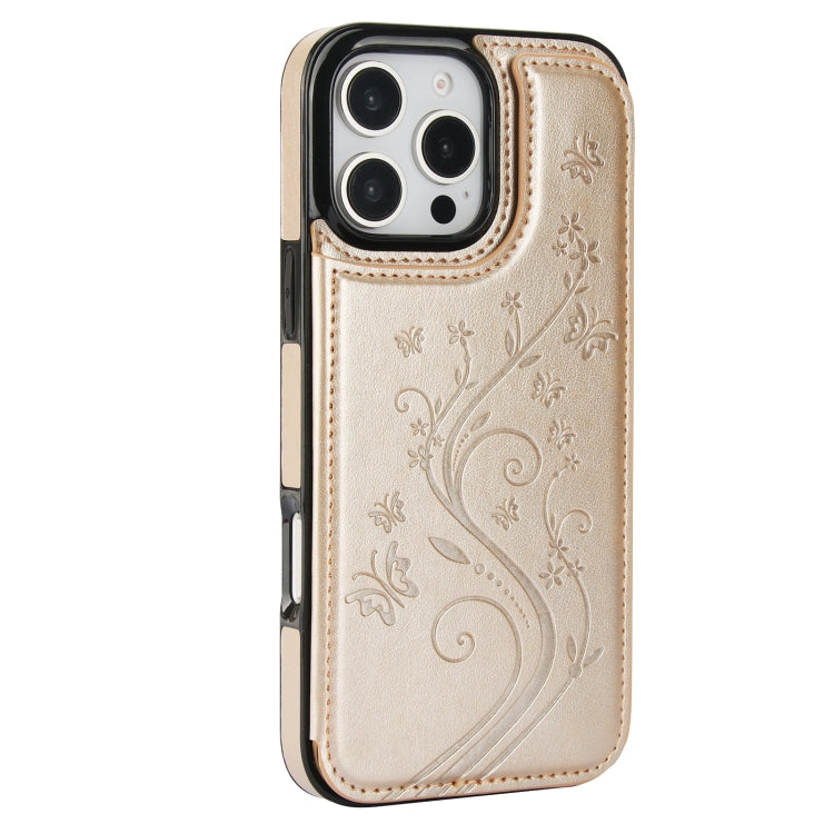 For iPhone 16 Pro Double Buckle Butterfly Embossing PU Phone Case(Gold) - iPhone 16 Pro Cases by buy2fix | Online Shopping UK | buy2fix