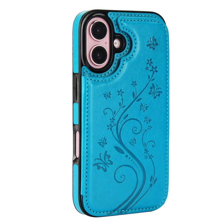 For iPhone 16 Plus Double Buckle Butterfly Embossing PU Phone Case(Blue) - iPhone 16 Plus Cases by buy2fix | Online Shopping UK | buy2fix