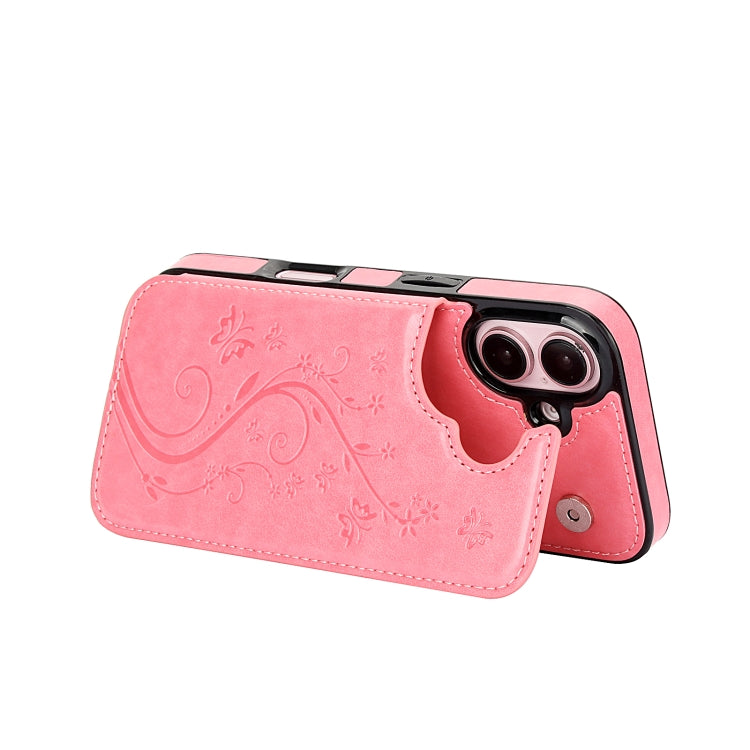 For iPhone 16 Double Buckle Butterfly Embossing PU Phone Case(Pink) - iPhone 16 Cases by buy2fix | Online Shopping UK | buy2fix