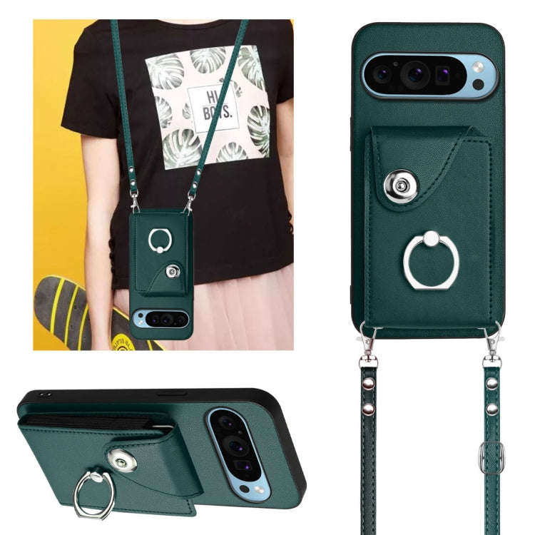 For Google Pixel 9 / 9 Pro Organ Card Bag Ring Holder Phone Case with Long Lanyard(Green) - Google Cases by buy2fix | Online Shopping UK | buy2fix