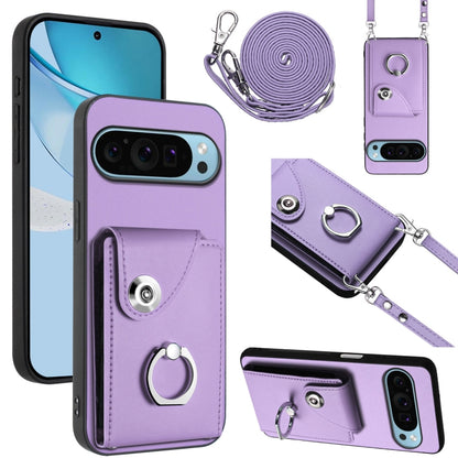 For Google Pixel 9 Pro XL Organ Card Bag Ring Holder Phone Case with Long Lanyard(Purple) - Google Cases by buy2fix | Online Shopping UK | buy2fix