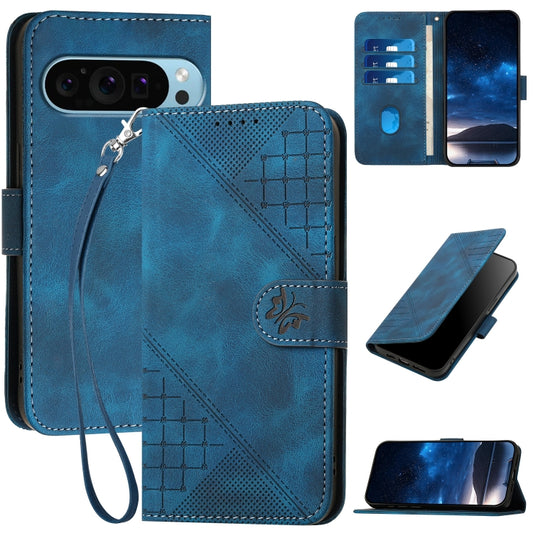 For Google Pixel 9 Pro XL YX0080 Grid Butterfly Embossed Pattern Flip Leather Phone Case with Lanyard(Dark Blue) - Google Cases by buy2fix | Online Shopping UK | buy2fix