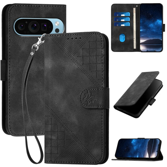 For Google Pixel 9 / 9 Pro YX0080 Grid Butterfly Embossed Pattern Flip Leather Phone Case with Lanyard(Black) - Google Cases by buy2fix | Online Shopping UK | buy2fix