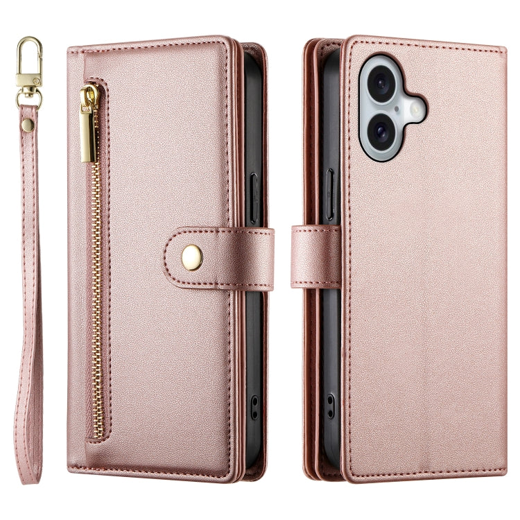 For iPhone 16 Nine Card-slot Zipper Wallet Bag Leather Phone Case(Pink) - iPhone 16 Cases by buy2fix | Online Shopping UK | buy2fix