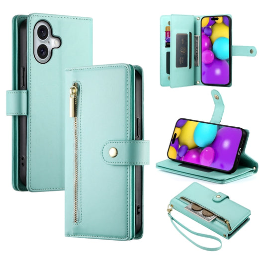 For iPhone 16 Plus Nine Card-slot Zipper Wallet Bag Leather Phone Case(Mint Green) - iPhone 16 Plus Cases by buy2fix | Online Shopping UK | buy2fix