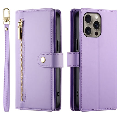 For iPhone 16 Pro Nine Card-slot Zipper Wallet Bag Leather Phone Case(Purple) - iPhone 16 Pro Cases by buy2fix | Online Shopping UK | buy2fix