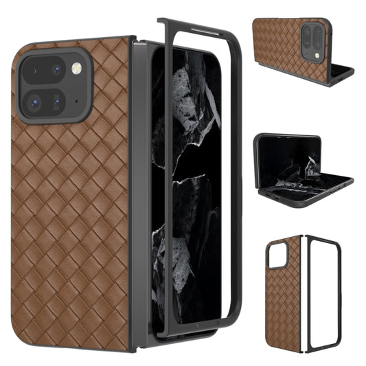 For Google Pixel 9 Pro Fold Black Frame Woven Texture PU Phone Case(Brown) - Google Cases by buy2fix | Online Shopping UK | buy2fix