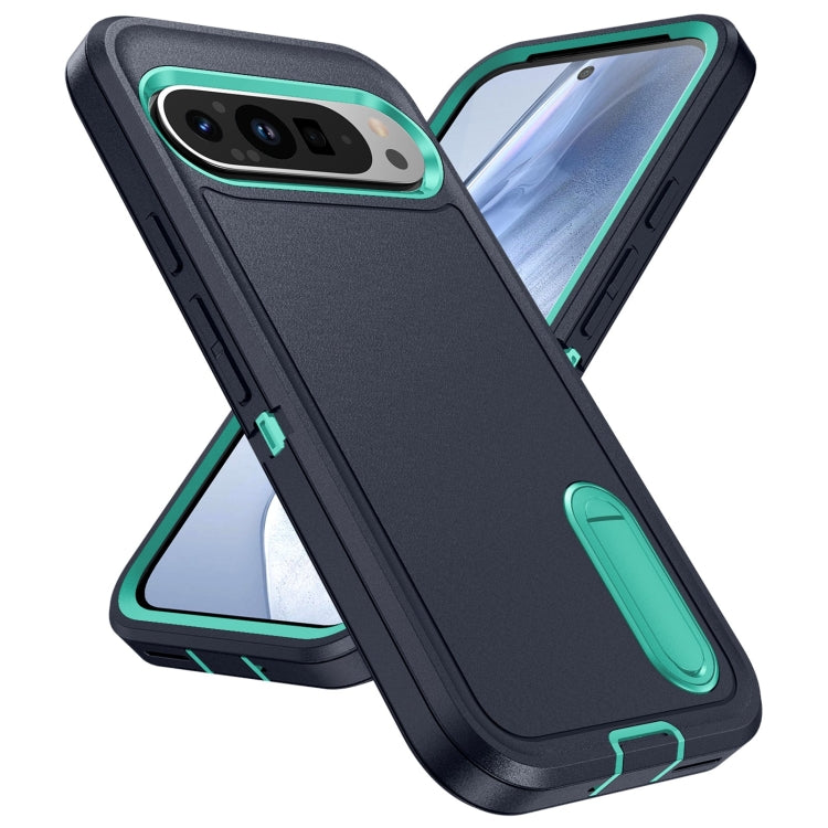 For Google Pixel 9 Pro Rugged PC + Silicone Phone Case with Holder(Dark Blue+Light Green) - Google Cases by buy2fix | Online Shopping UK | buy2fix