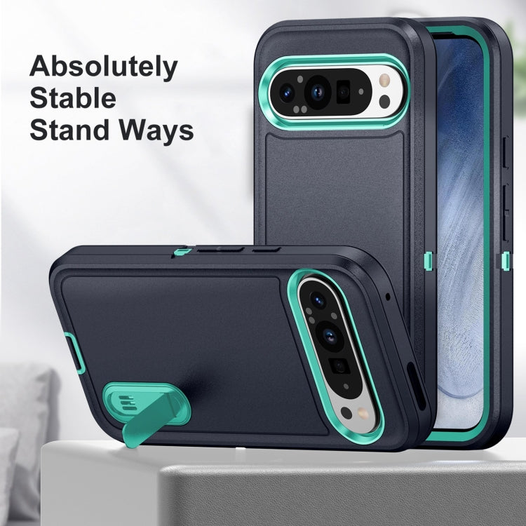 For Google Pixel 9 Pro Rugged PC + Silicone Phone Case with Holder(Dark Blue+Light Green) - Google Cases by buy2fix | Online Shopping UK | buy2fix