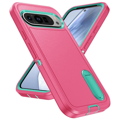 For Google Pixel 9 Rugged PC + Silicone Phone Case with Holder(Rose Red+Light Green) - Google Cases by buy2fix | Online Shopping UK | buy2fix