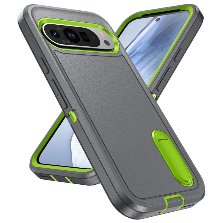 For Google Pixel 9 Rugged PC + Silicone Phone Case with Holder(Grey+Fresh Green) - Google Cases by buy2fix | Online Shopping UK | buy2fix