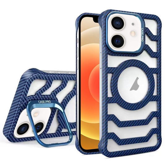 For iPhone 12 Borderless Carbon Fiber Lens Protection Bracket MagSafe Phone Case(Blue) - iPhone 12 / 12 Pro Cases by buy2fix | Online Shopping UK | buy2fix