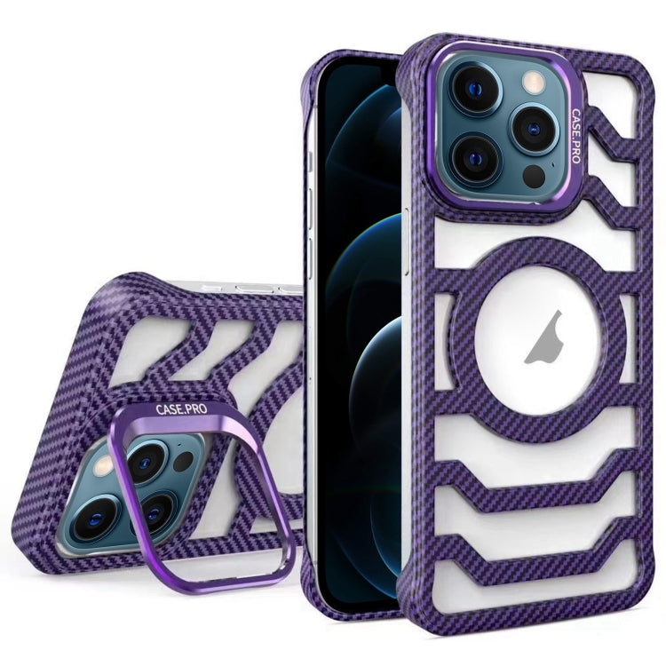 For iPhone 12 Pro Max Borderless Carbon Fiber Lens Protection Bracket MagSafe Phone Case(Purple) - iPhone 12 Pro Max Cases by buy2fix | Online Shopping UK | buy2fix