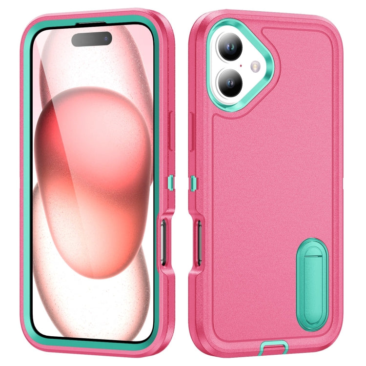 For iPhone 16 Plus Rugged PC + Silicone Phone Case with Holder(Rose Red+Light Green) - iPhone 16 Plus Cases by buy2fix | Online Shopping UK | buy2fix