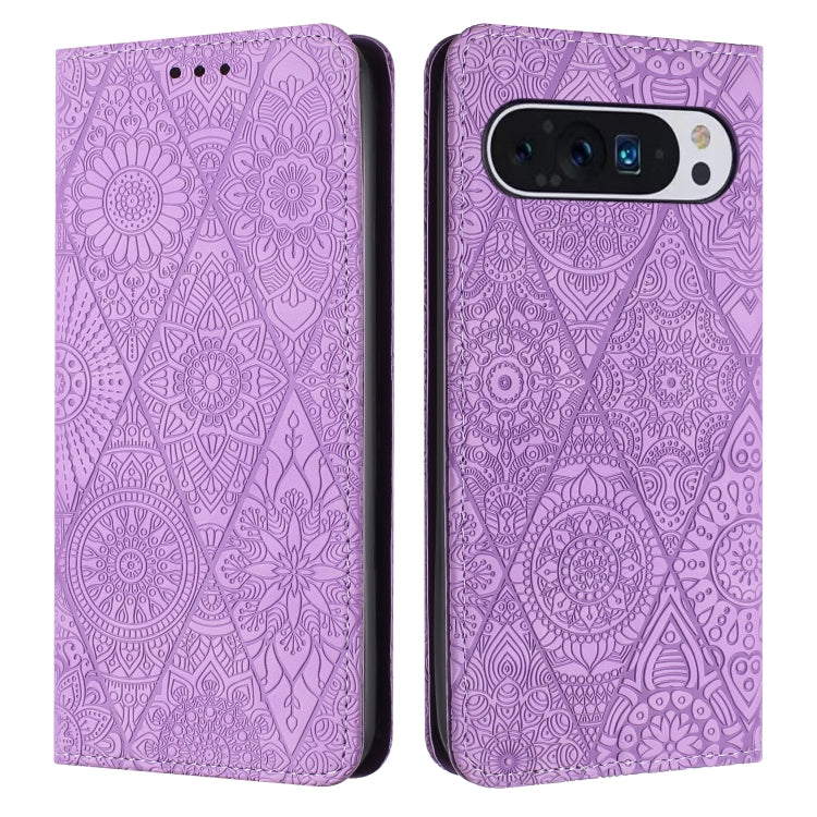 For Google Pixel 9 Pro XL Ethnic Embossed Adsorption Leather Phone Case(Purple) - Google Cases by buy2fix | Online Shopping UK | buy2fix