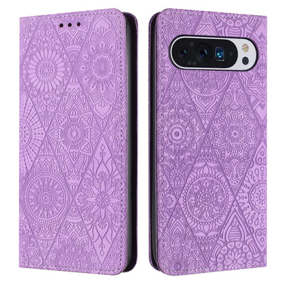 For Google Pixel 9 / 9 Pro Ethnic Embossed Adsorption Leather Phone Case(Purple) - Google Cases by buy2fix | Online Shopping UK | buy2fix