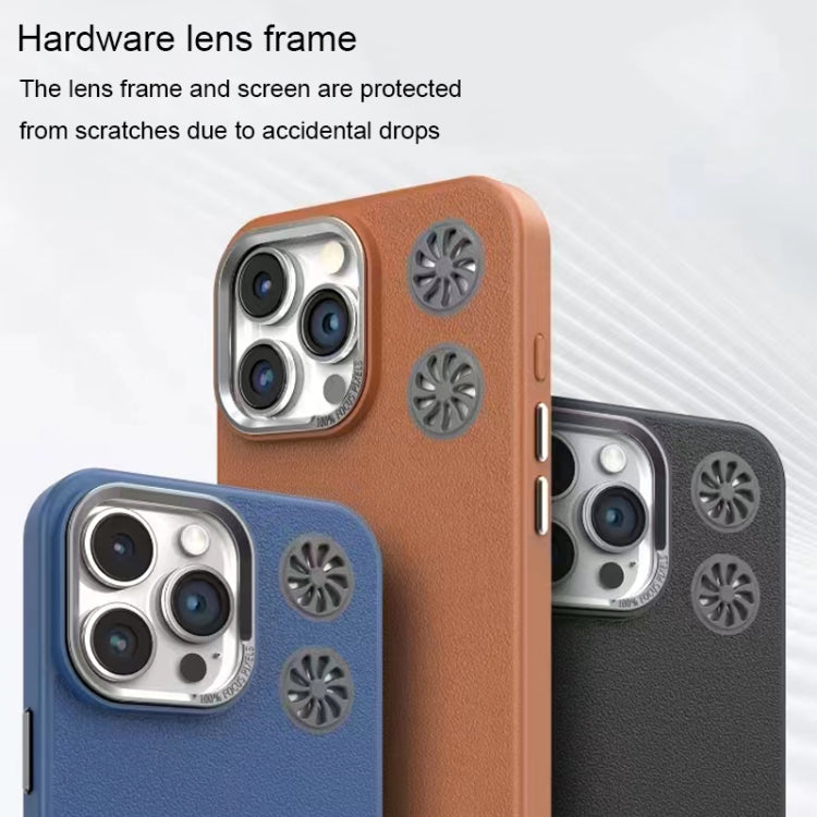 For iPhone 16 Plus Leather Textured Fan Hollow Cooling MagSafe Magnetic Phone Case(Brown) - iPhone 16 Plus Cases by buy2fix | Online Shopping UK | buy2fix