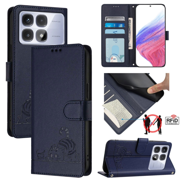 For Redmi K70 Ultra 5G Global Cat Rat Embossed Pattern RFID Leather Phone Case with Lanyard(Blue) - Xiaomi Cases by buy2fix | Online Shopping UK | buy2fix