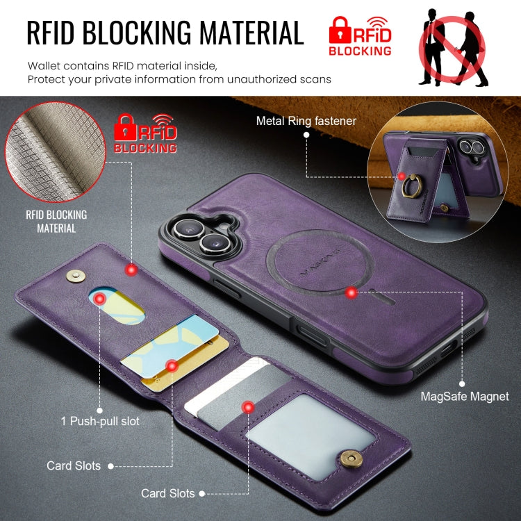 For iPhone 16 DG.MING K1 MagSafe Detachable Wallet RFID Back Cover Phone Case(Purple) - iPhone 16 Cases by DG.MING | Online Shopping UK | buy2fix