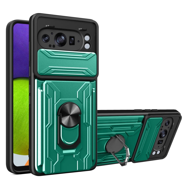 For Google Pixel 9 Pro XL Sliding Camshield TPU+PC Phone Case with Card Slot(Dark Green) - Google Cases by buy2fix | Online Shopping UK | buy2fix